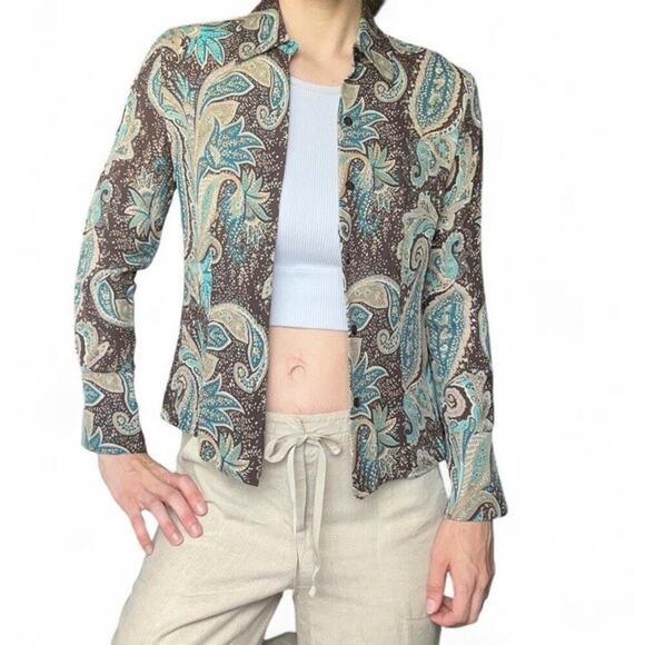 Petite Sophisticate Tops - Petite Sophisticate Women’s 100% Silk Blue Brown Paisley Button Up Shirt Size 4